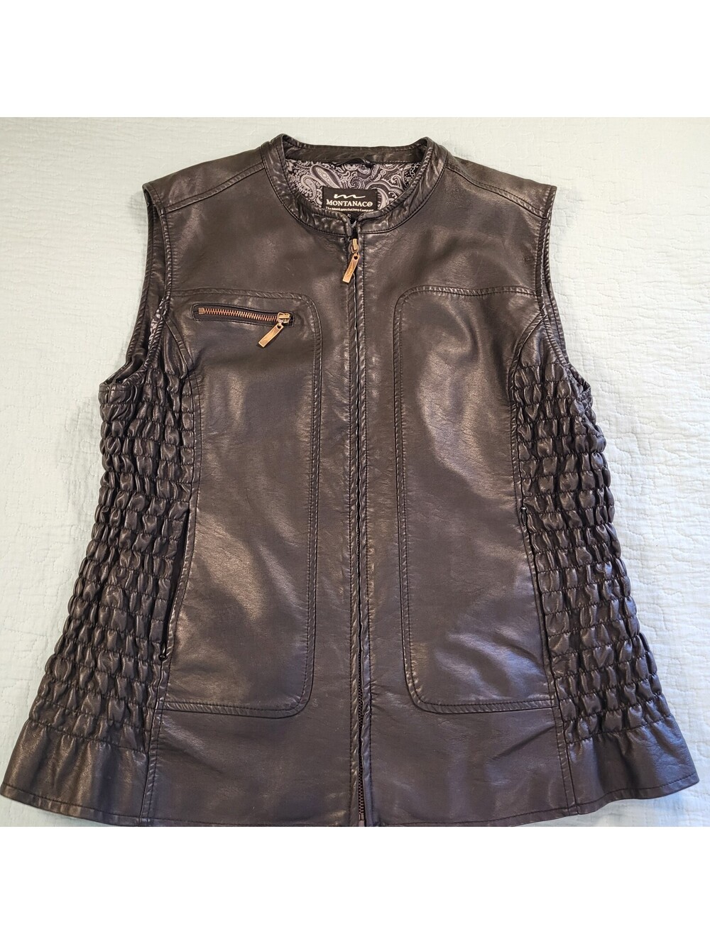 Montanaco faux leather vest distinctive paisley lining and smocked side panels